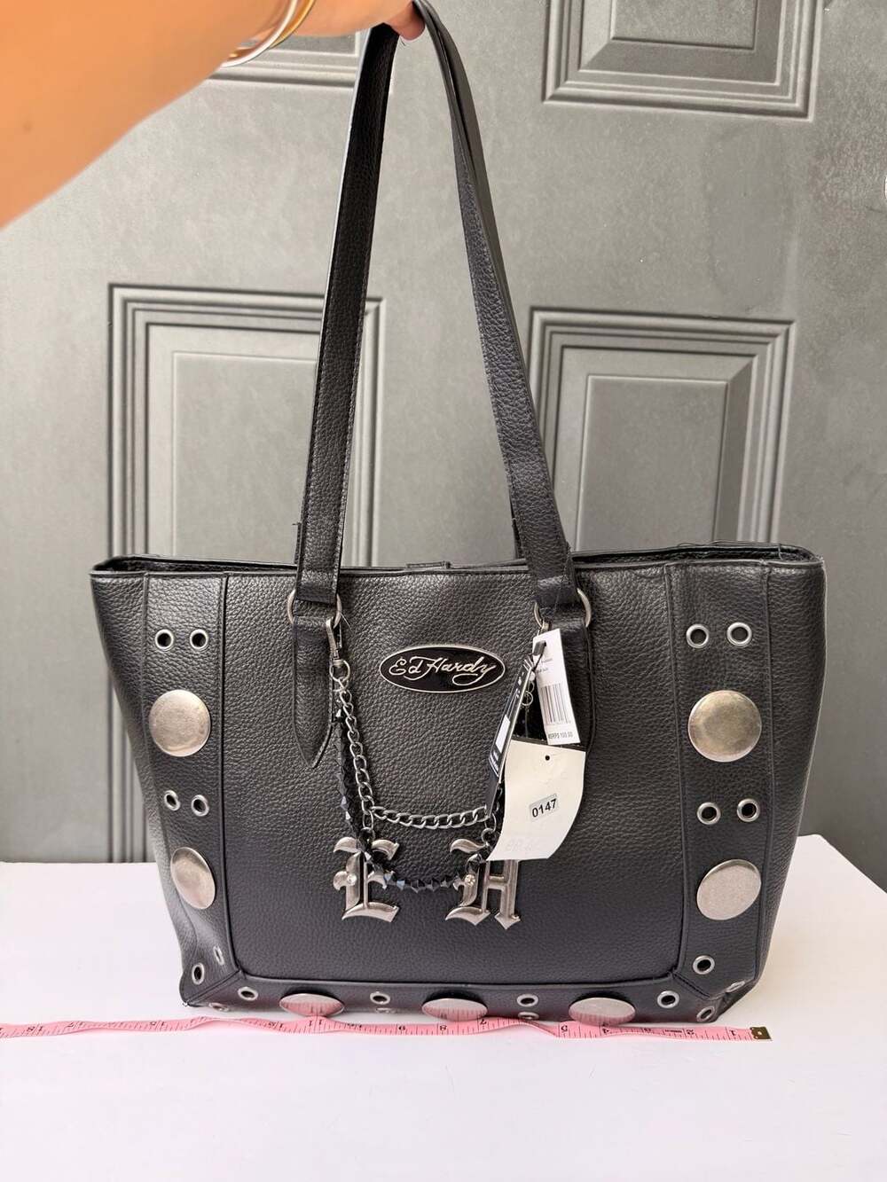 Ed Hardy Studded Tote Shoulder Bag with Chain Charm Gothic Logo Black